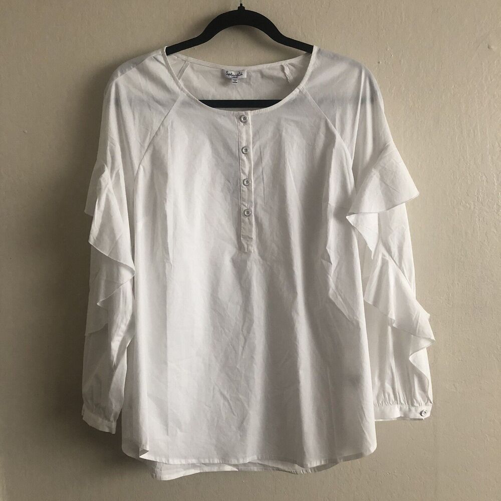 Splendid Crewneck Button-placket Ruffle-sleeve Poplin Shirt In White Size Large